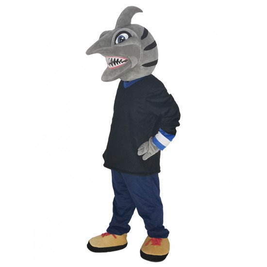 Disfraz de mascota de tiburón gris con camisa negra