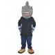 Grauer Hai im schwarzen Hemd Maskottchen Kostüm