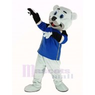 Eisbär Maskottchen Kostüm mit blauem Mantel Tier
