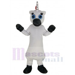 White Unicorn Mascot Costume Cartoon with Blue Eyes