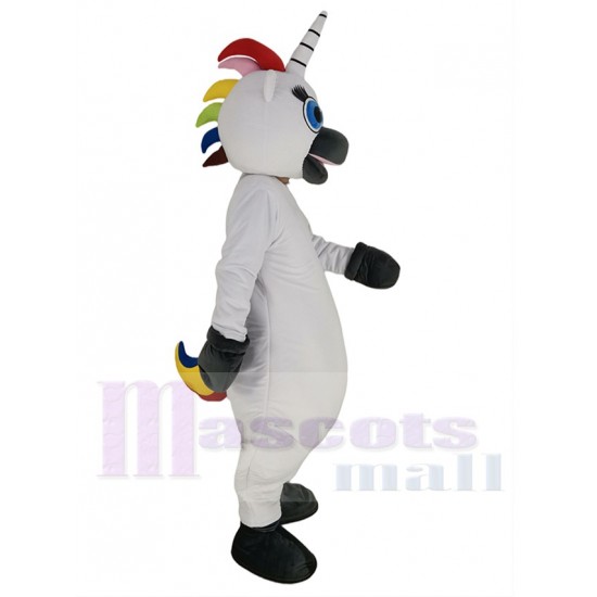 Unicornio blanco Traje de la mascota Dibujos animados con ojos azules
