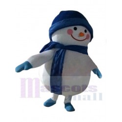 Monigote de nieve Disfraz de mascota Dibujos animados con sombrero azul y bufanda