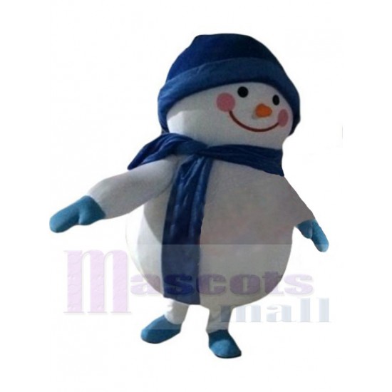 Monigote de nieve Disfraz de mascota Dibujos animados con sombrero azul y bufanda
