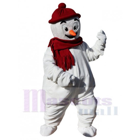 Bonhomme de neige de Noël Costume de mascotte avec le chapeau rouge Dessin animé