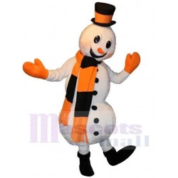 Schneemann Maskottchen Kostüm Karikatur mit orangefarbenem und schwarzem Schal