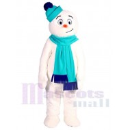 Snowman Mascot Costume Cartoon with Light Blue Hat and Scarf