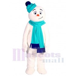 Snowman Mascot Costume Cartoon with Light Blue Hat and Scarf