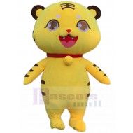 Big Mouth Yellow Tiger Mascot Costume with Yellow Bell Cartoon