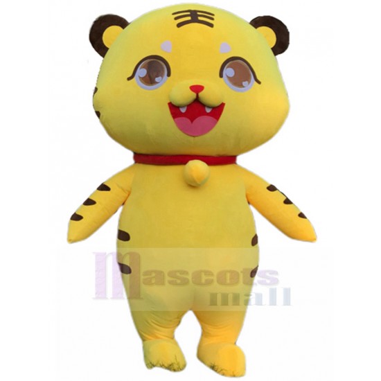 grande bouche Tigre jaune Costume de mascotte avec cloche jaune Dessin animé