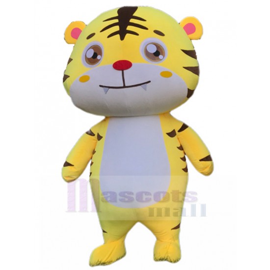 Calme Tigre jaune Costume de mascotte avec ventre blanc Dessin animé