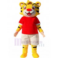 Amarillo Tigre afortunado Disfraz de mascota en camisa roja Dibujos animados