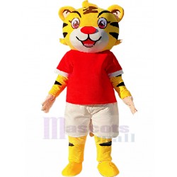 Yellow Fortunate Tiger Mascot Costume in Red Shirt Cartoon