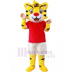 Yellow Fortunate Tiger Mascot Costume in Red Shirt Cartoon
