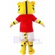 Amarillo Tigre afortunado Disfraz de mascota en camisa roja Dibujos animados