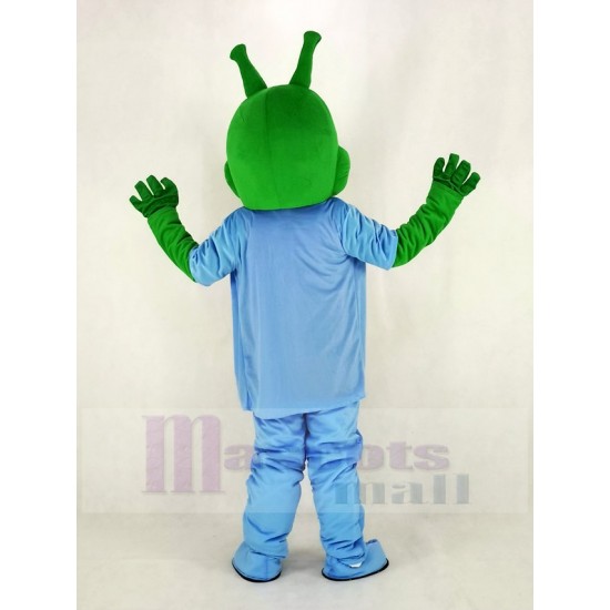 Alien verde Traje de la mascota en abrigo azul