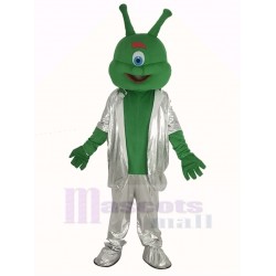 Grüner Außerirdischer Maskottchen Kostüm im silbernen Anzug