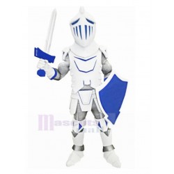 White Knight Mascot Costume with Blue Shield People