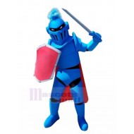 Blue Knight Mascot Costume with Red Shield People