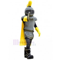 Grey Knight Mascot Costume with Yellow Cape People