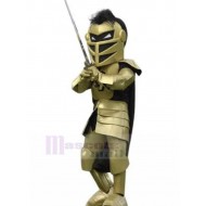 Spartanischer Ritter Maskottchen Kostüm mit goldener Rüstung Menschen