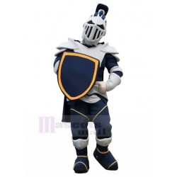White Knight Mascot Costume with Dark Blue Shield People
