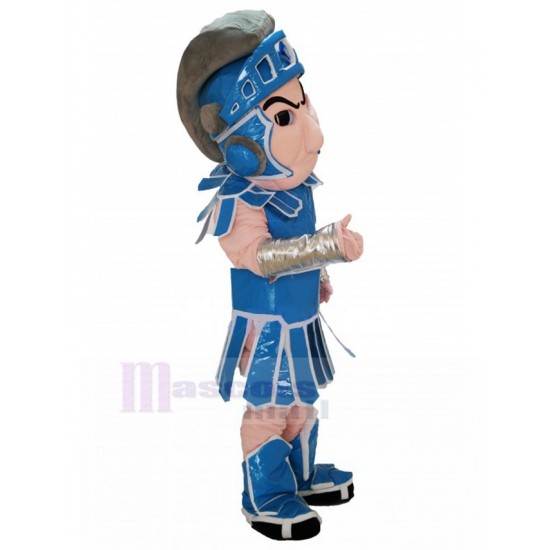 Spartanischer Ritter Maskottchen Kostüm mit blau-weißer Rüstung Menschen