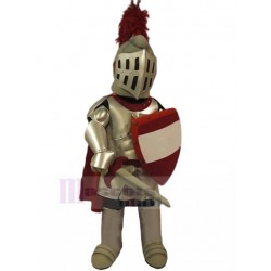 Silver Spartan Knight Mascot Costume with Red and White Shield People
