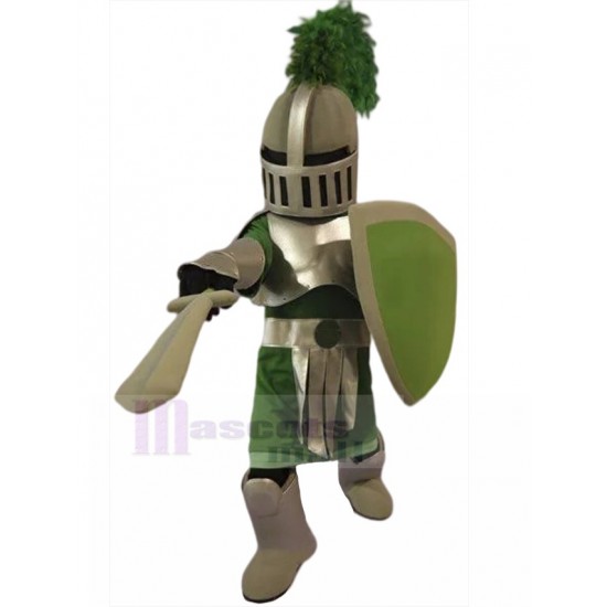 Silver Spartan Knight Mascot Costume with Green Tassel People
