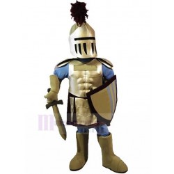 Strong Golden and Blue Knight Mascot Costume People