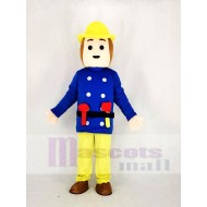 Realistischer Feuerwehrmann Maskottchen Kostüm im blauen Mantel