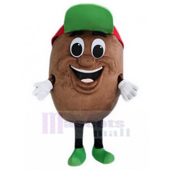 Glücklich Kartoffel Maskottchen Kostüm mit grüner und roter Kappe Pflanze